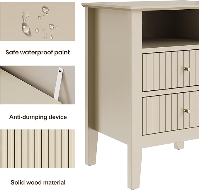 RoyalCraft Beige Fluted Nightstand with 2 Drawers, Colorful Nightstand for Bedroom, Modern Wooden End Table with Storage for Small Spaces, Tall Side Sofa Table for Couch, Home Office