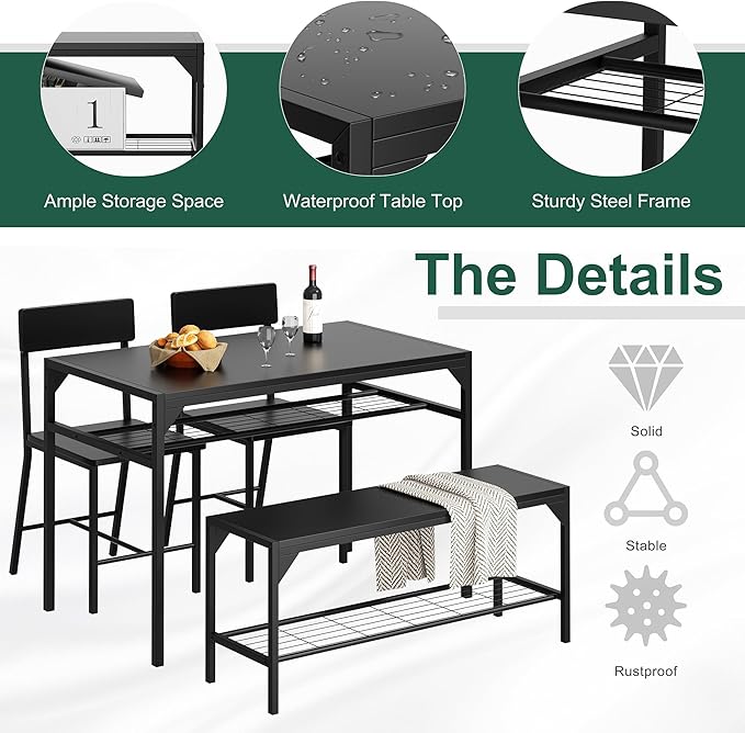 Shintenchi Kitchen Table Chairs Set of 4, Dining Table Set for 4 with Bench and Chairs, 4 Pieces Kitchen Table Set with Storage Rack & Metal Frame for Small Space, Solid Black