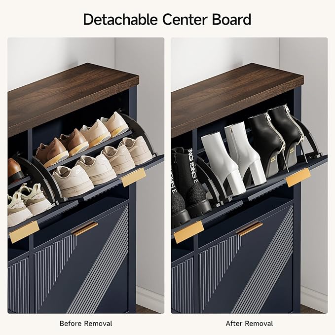 ONBRILL Shoe Cabinet with 4 Flip Drawers, 16-24 Pairs Shoe Organizer with Symmetric Groove Pattern, Freestanding Slim Hidden Shoe Storage Cabinet for Entryway, Hallway (Navy Blue)