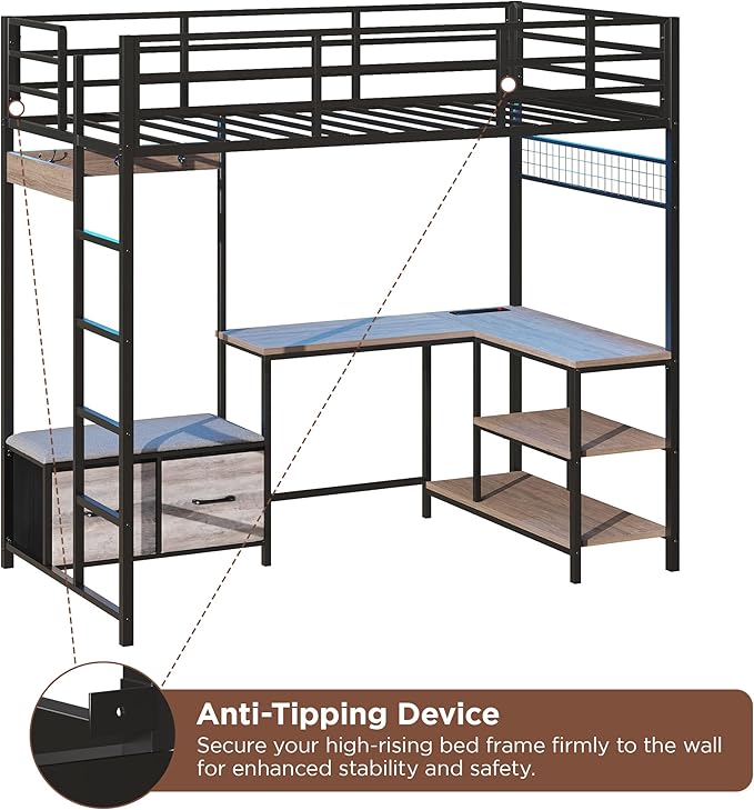 Vabches Twin Size Loft Bed with L-Shaped Desk, LED Lights, Charging Station, Loft Bed Frame with with Storage Drawers,Coat Rack, Safety Guardrail & Ladder, Gray
