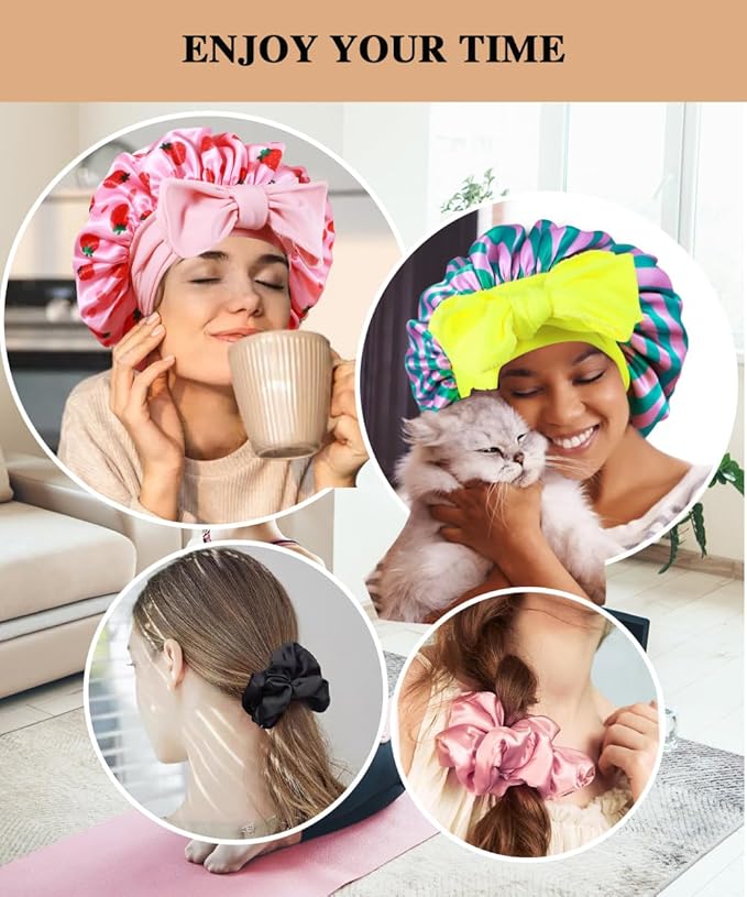 2+3 Large Satin Bonnets with Scrunchies for Women, Hair Bonnet Sleeping Tie Bonnet for Braids Curly Hair
