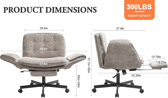 Criss Cross Chair with Footrest & 5 Level Folding Arms Full Relaxation, Wide Cross Legged Office Chair for Home Office, Comfy Swivel Desk Chair with Ottoman, Chenille Vanity Chair (Grey)