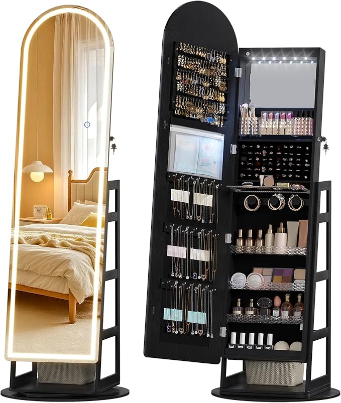 LVSOMT LED Arched Mirror Jewelry Cabinet Standing, Lockable Jewelry Armoire, Full-Length Mirror with Storage, Space-Saving Jewelry Organizer Mirror, Foldable Makeup Shelf, Gift for Women(LED Black)