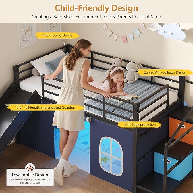 DICTAC Low Loft Bed with Slide,Storage Stairway and Led Lights Metal Twin Size Loft Bed with Under-Bed Play Space,Art Table & Play Curtain Twin Beds with 2 Drawers and 13.8''H Safety Guardrail,Black