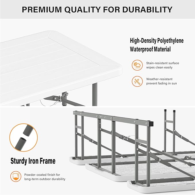 VINGLI Folding Picnic Table and Bench Set with Umbrella, Portable Outdoor Dining Furniture for Camping, Patio, Backyard, Wood Grain Plastic Top with Metal Frame with Light Blue Umbrella