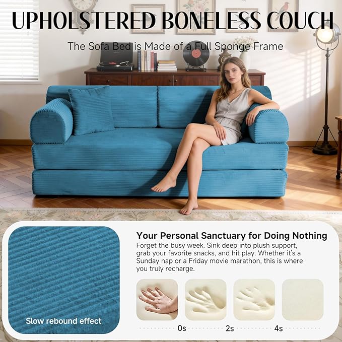 78.8" Convertible Sofa Bed with Detachable Arm Pillow, 6-in-1 Sectional Couches for Living Room, Corduroy Boneless Couch, Sleeper Loveseat Couch Bed, No Assembly, Azure Couch