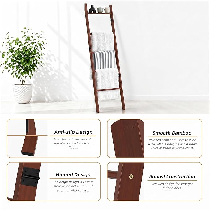 6 Tier Brown Blanket Ladder with Shelf, Wooden Blanket Rack for Living Room, Leaning Towel Ladder Rack for Bedroom, Bathroom, Quilts, Throws, Towels and Farmhouse Décor