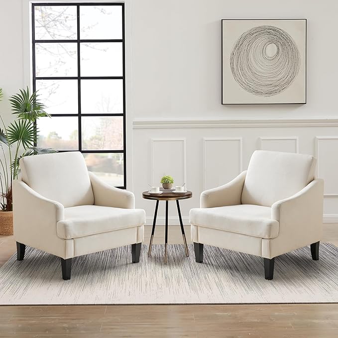 Bezseller Modern Accent Chairs Set of 2, Upholstered Reading Armchair with Wood Legs, Mid-Century Leisure Comfy Single Sofa Chair for Living Room, Bedroom, Home, Office, Beige