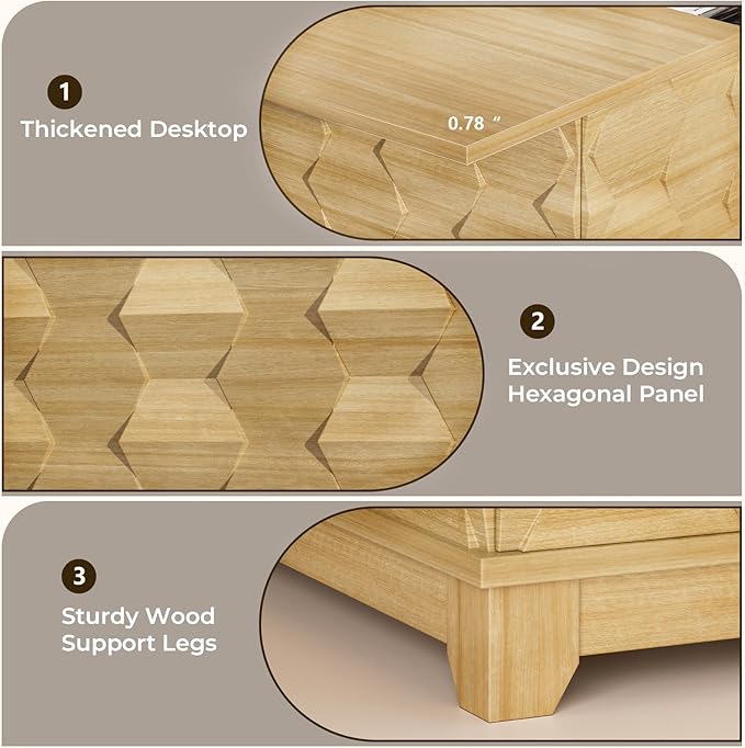 BROTTAR Lift Top Coffee Table, 31.5'' Square Coffee Table with with Storage, Farmhouse Coffee Tables with Hidden Storage, Center Table with Embossed Texture for Living Room, Home Office, Natural