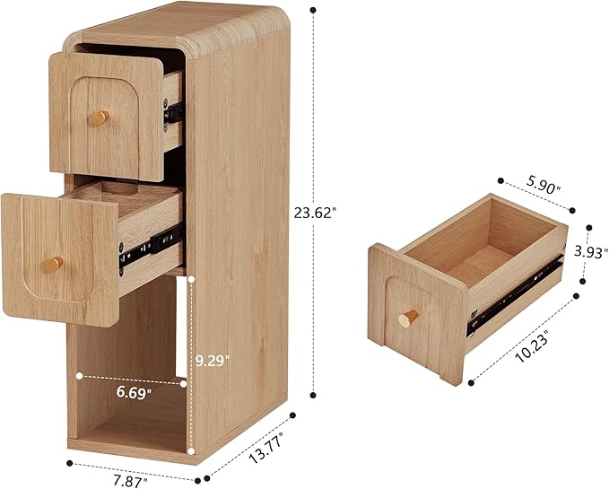 Narrow Nightstand with 2 Drawers, Small Bedside Tables, Mid-Century Modern Slim Night Stand with Storage, Wooden End Table for Small Spaces, Bedroom, Living Room (Natural-1PCS)