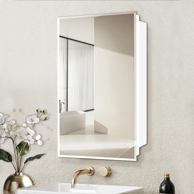 16x26 inch Medicine Cabinet with Mirror, Recessed Medicine Cabinet or Surface Wall Mount Plastic Bathroom Cabinets with Removable Shelves, Beveled Edge Mirror Cabinet