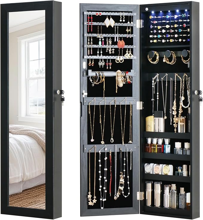 Full Length Mirror Jewelry Cabinet Organizer Lockable Door Wall-Mounted Jewelry Armoire with Shelves and Behind the Door Storage Black