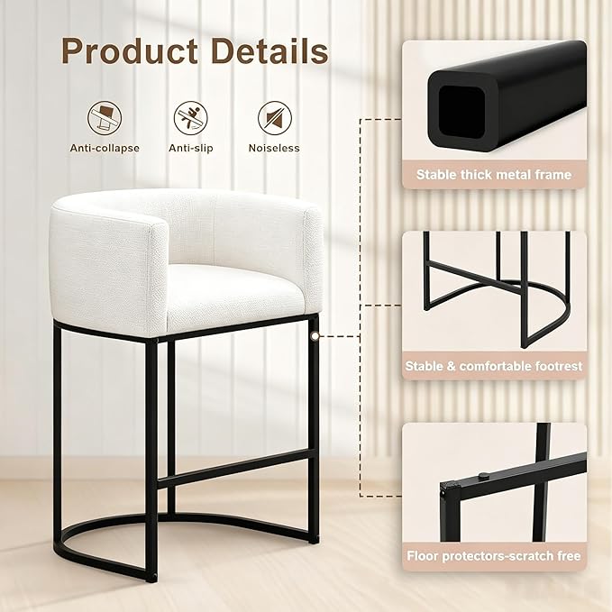 26" H Counter Height Bar Stools Set of 3, Modern Barrel Counter Stools with Backrest and Arms, Linen Fabric Upholstered Accent Barstools for Kitchen Island,Support 450 LBS (White)