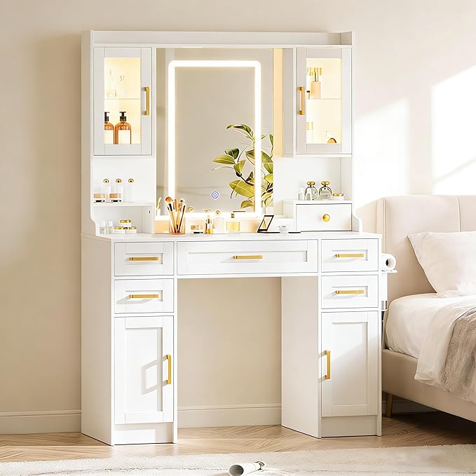 KAMABOKO Vanity Desk with Mirror and Lights, Makeup Vanity Table with Drawers & Shelves, Power Outlet, Dressing Table with Jewelry Storage for Bedroom (043 White)