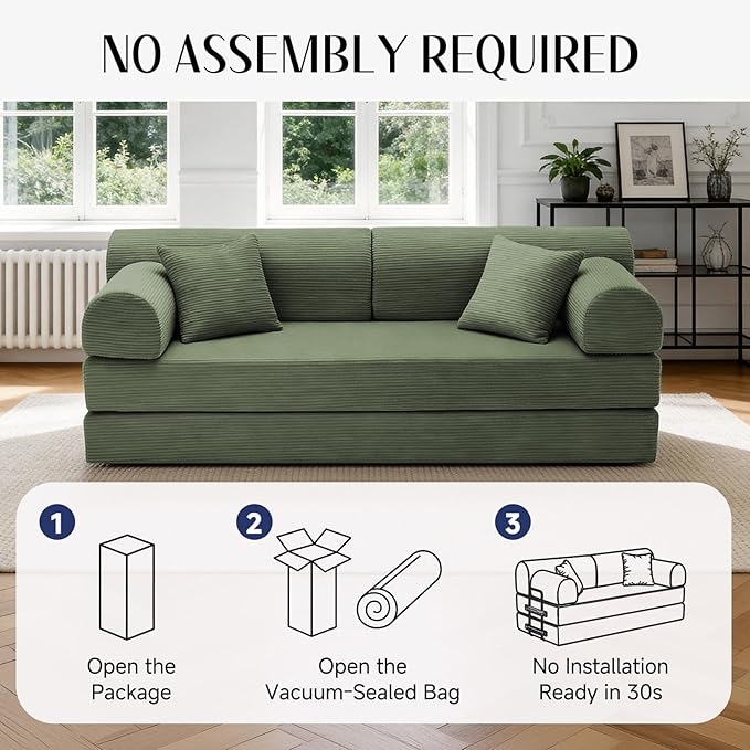 78.8" Convertible Sofa Bed with Detachable Arm Pillow, 6-in-1 Sectional Couches for Living Room, Corduroy Boneless Couch, Sleeper Loveseat Couch Bed, No Assembly, Grayish Green Couch
