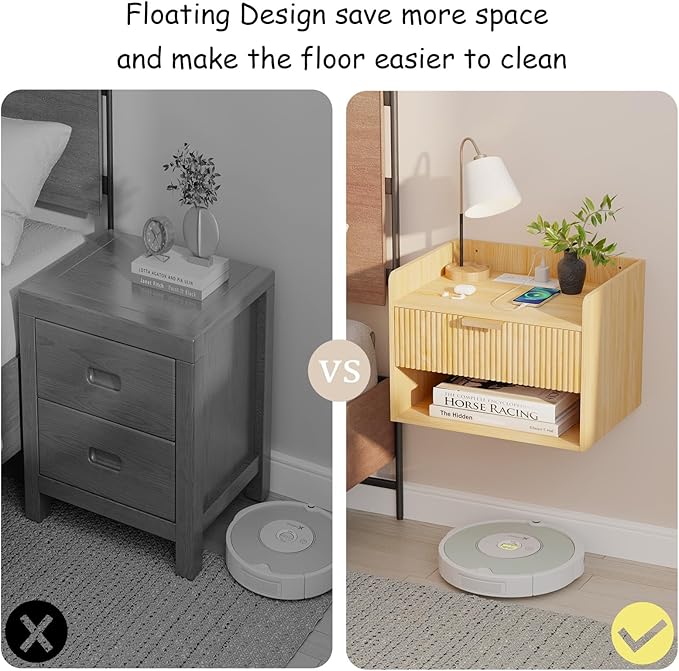 Arbuxzuy Floating Nightstand Set of 2 with Charging Station, Modern Wall Mounted Bedside Table with Drawer & Open Shelf, Made of Minimalist Wood for Bedroom (Light Brown)