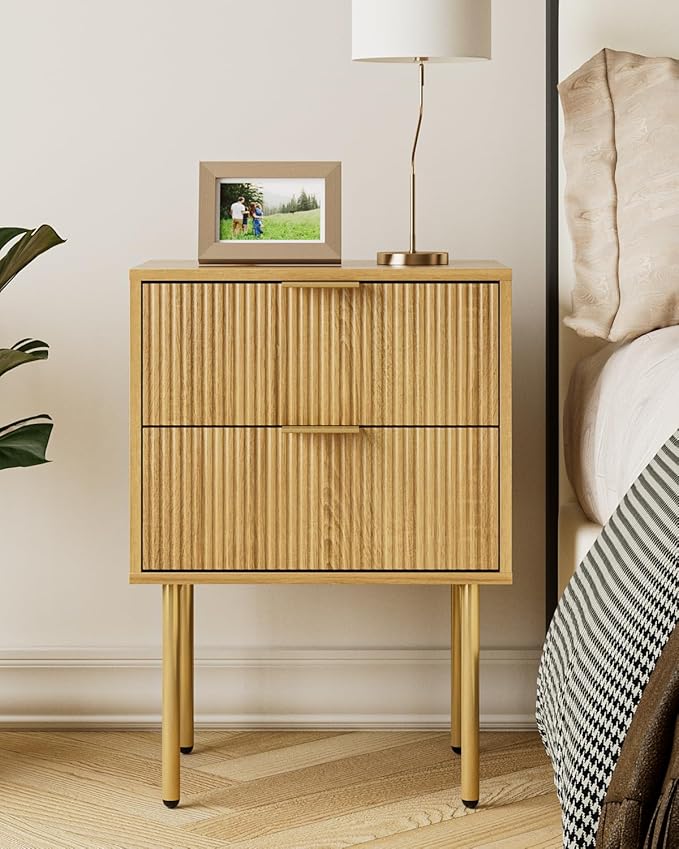 Aienvey Night Stand, Modern Nightstand with Drawers, Bedside Table, Gold Small Side Table for Bedroom, Living Room End Table (Oak Stripe, 2 Drawers)