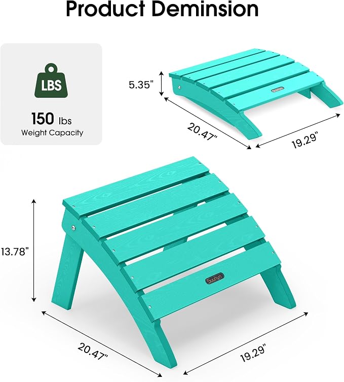 Adirondack Ottoman Footrest for Adirondack Chair, All-Weather HDPE Outdoor Foot Stool, Folding Patio Ottoman for Lawn, Garden, Deck, Backyard, Lake Blue