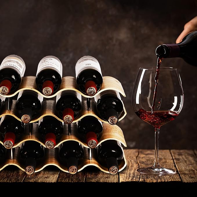 Countertop Wine Rack - 14 Bottle Freestanding Wine Bottle Holder Stand - 4 Tier Wooden Wine Storage Rack - Wavy Wine Organizer for Cabinet Pantry Home Kitchen Bar
