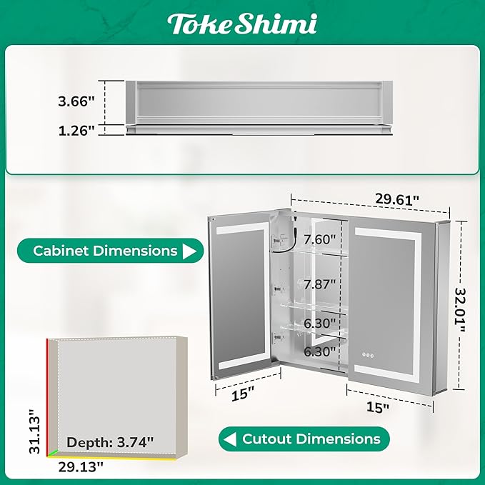 TokeShimi 30x32 Lighted Medicine Cabinet Mirror with Electrical Outlet, Led Medicine Cabinet with Lights Frontlit, Anti-Fog 3 Colors Dimmable Mirror with Storage for Bathroom, Wall Mounted/Recessed