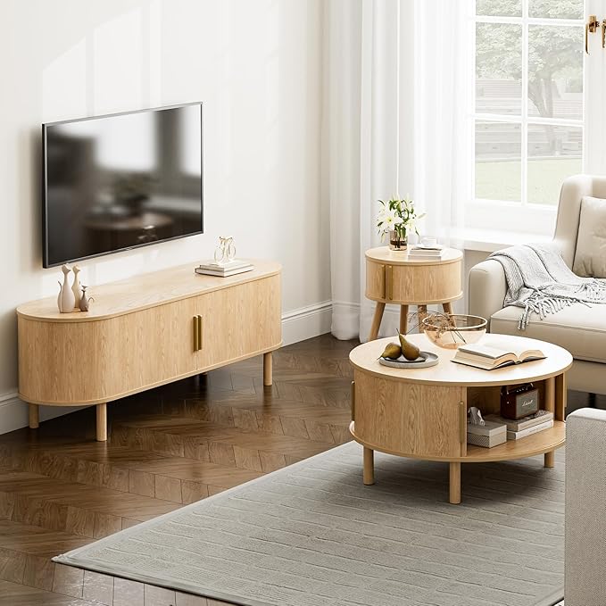 ZttRiee Coffee Table for Living Room, Modern Round Coffee Table with Cabinets & Sliding Doors, Home Small Space, 29.9" Fluted Center Table, Natual