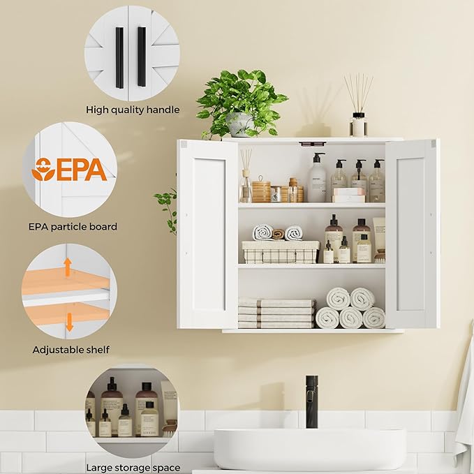 Homleke Bathroom Wall Cabinet, Over Toilet Storage Cabinet with Barn Doors and Adjustable Shelves, 3-Tier Medicine Cabinet Wall Mounted, for Bathroom, Kitchen, Entryway, Laundry Room, White, (7.9" D)