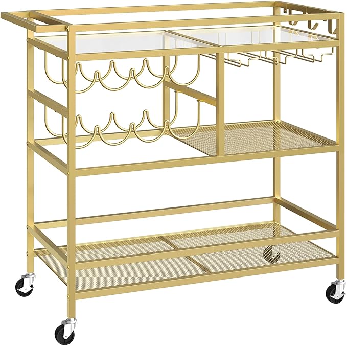 MAHANCRIS Bar Cart for Home, 3-Tier Serving Cart with Wheels and Handle, Beverage Cart with Wine Rack and Glass Holders, Rolling Wine Cart for Kitchen, Dining Room, Gold RCGD81B01