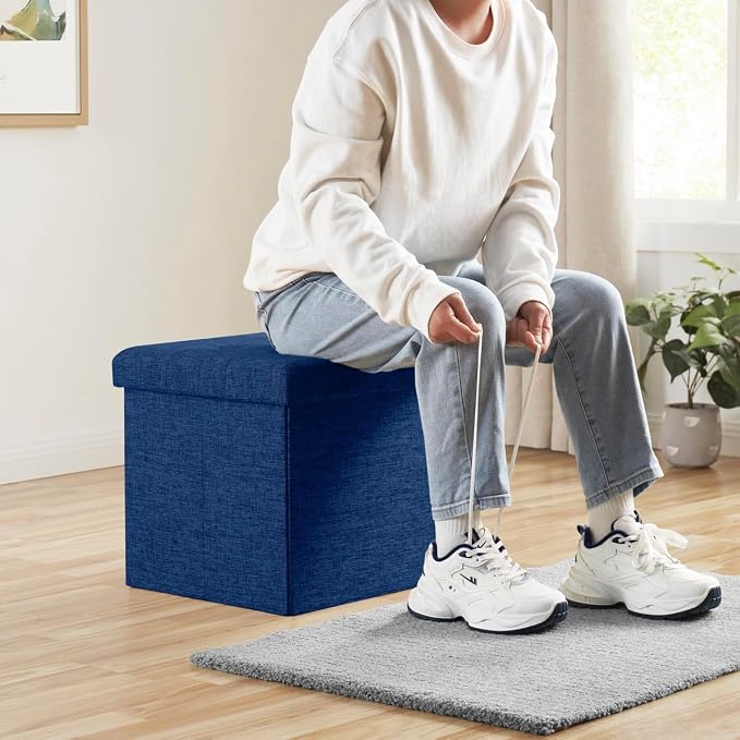 Ornavo Home Folding Storage Ottoman, 15 Inch Storage Cube with Lid, Foot Rest Stool for Bedroom, Living Room, Entryway, Tufted Linen Upholstered - Navy Blue