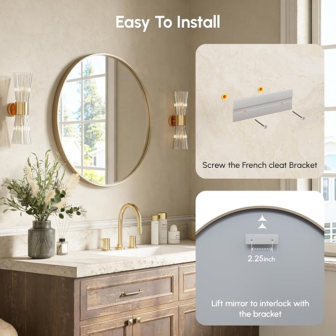 USHOWER Gold Bathroom Mirrors for Over Sink, 24 Inch Circle Mirror with Metal Frame, Wall Mirror for Vanity, Entryway, Living Room, Hallway and Bedroom Decor