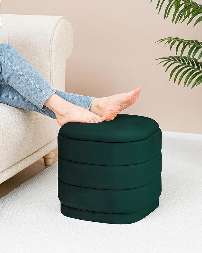B FSOBEIIALEO Velvet Storage Ottoman with Tray, Square Folding Ottoman with Storage Coffee Table Foot Rest for Dorm Room, Living Room Bottle Green, 15"x15"x15"