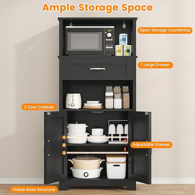 Saudism Farmhouse Black Storage Cabinet with Doors and Drawers, Freestanding Kitchen Pantry Cabinet, Floor Storage Cabinet Hutch Cupboard for Kitchen/Laundry/Living Room (Black)