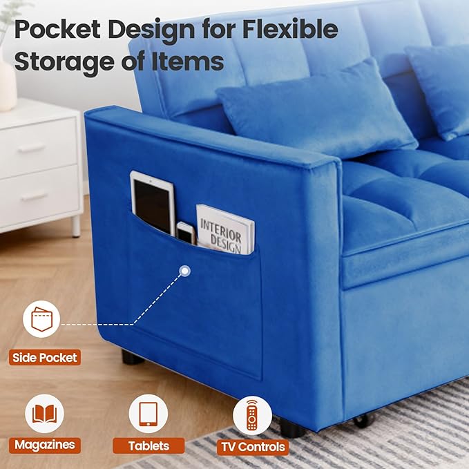 3 in 1 Convertible Sleeper Sofa Bed, Velvet Fabric Loveseat Sofa Bed with Adjustable Backrest & Large Side Pockets, Pull Out Couch for Small Spaces, Apartment, Living Room, Blue