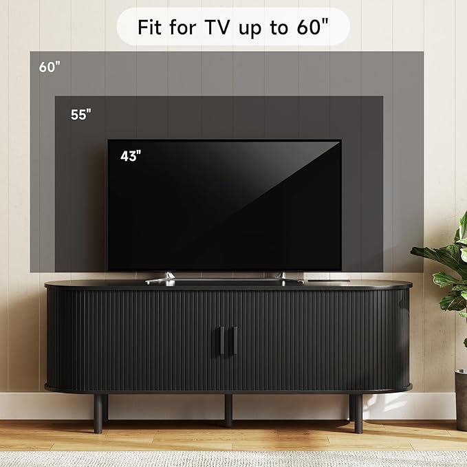 ONBRILL 55" TV Stand with Power Outlet for TVs up to 60 Inch, Entertainment Center with Storage and Adjustable Shelves, Modern Media Console with Sliding Doors for Living Room, Black