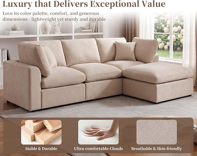 Modular Cloud Sectional Couches for Living Room, Large Modular Sectional Sofa with Ottoman, L Shaped 3 Seater Couch with Pillow, Beige - Chenille
