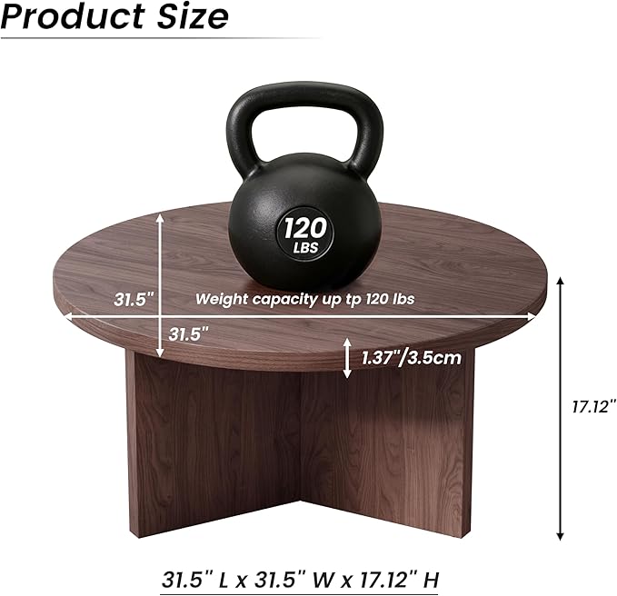 Luoxiao 31.5" Round Coffee Table Mid Century Modern Center Table for Living Room, Minimalist Circle Accent Table for Apartments, Study, Office, Space-Saving, Easy Assembly, Walnut