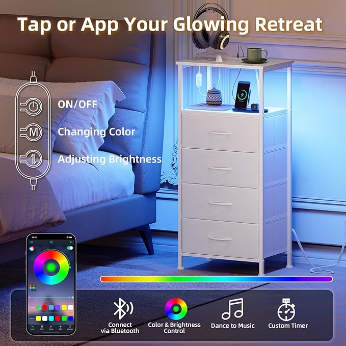 Somdot White Nightstand with Charging Station and LED Light for Bedroom, Tall 4 Drawers Dresser with Fabric Bins for Bedside Kids Dorm Room Closet Laundry Entryway, White Leather