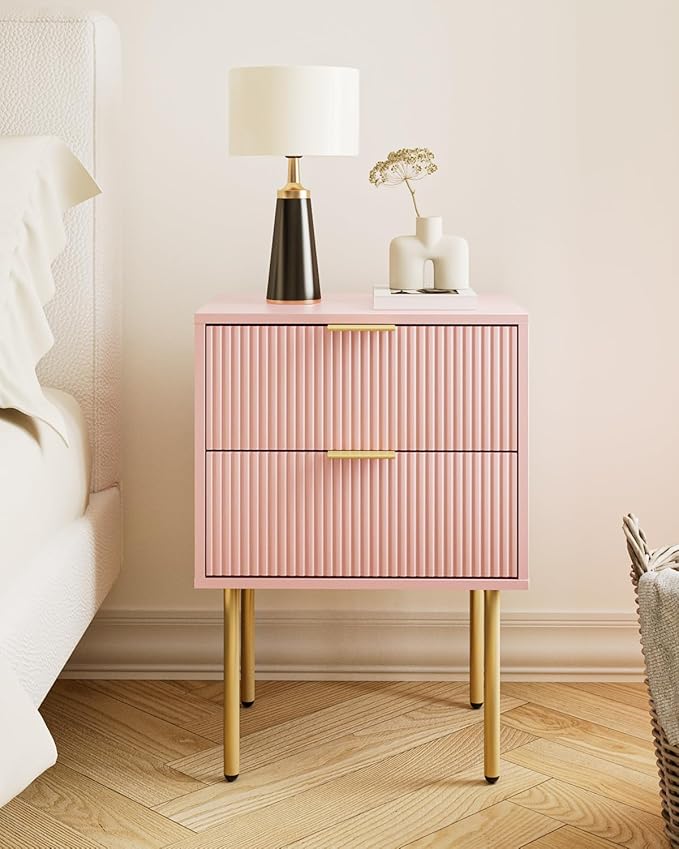 Aienvey Night Stand, Modern Nightstand with Drawers, Bedside Table, Gold Small Side Table for Bedroom, Living Room End Table (Pink Stripe, 2 Drawers)