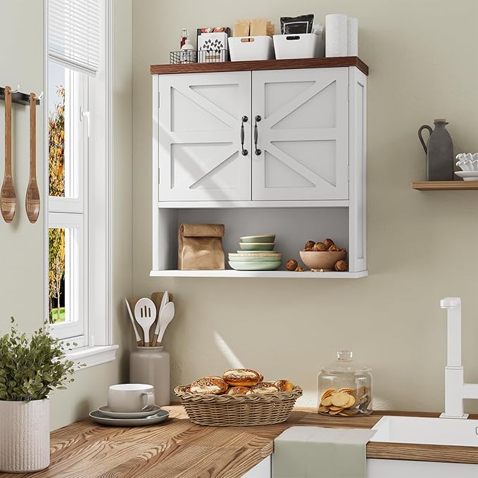 Smuxee Farmhouse Bathroom Cabinet Wall Mounted, White Medicine Cabinet with Adjustable Shelf, Bathroom Cabinet for Living Room, Laundry Room