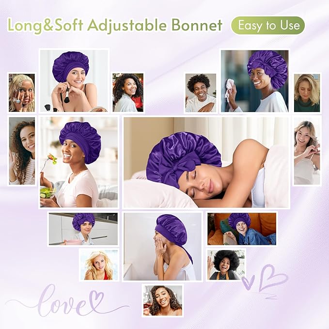 BONNET QUEEN Silk Bonnet for Sleeping Women Satin Bonnet Anti-Frizzy Night Sleep Cap Wrap for Curly Hair with Adjustable Tie Band,Purple