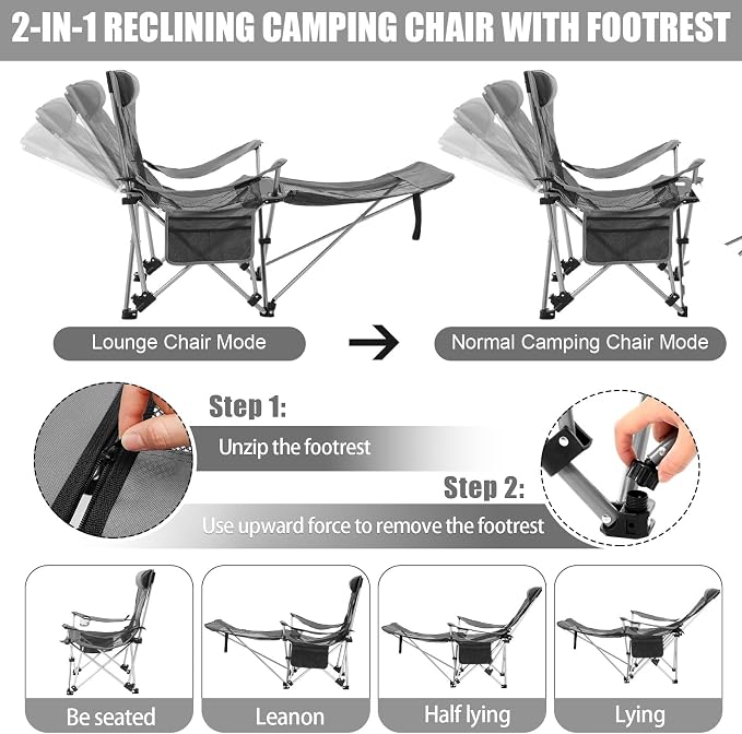 Colingmill 2 Pcs 2 in 1 Reclining Camping Chair with Footrest for Adults Folding Lounger Mesh Beach Chair Adjustable Backrest Lightweight Lawn Chairs for Camping Tailgates Outdoor Beach(Gray)