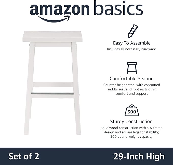 Amazon Basics Solid Wood Saddle-Seat Counter Height Bar Stools for Kitchen Island and Home Bar with Footrest, 29-Inch Height, White, Set of 2