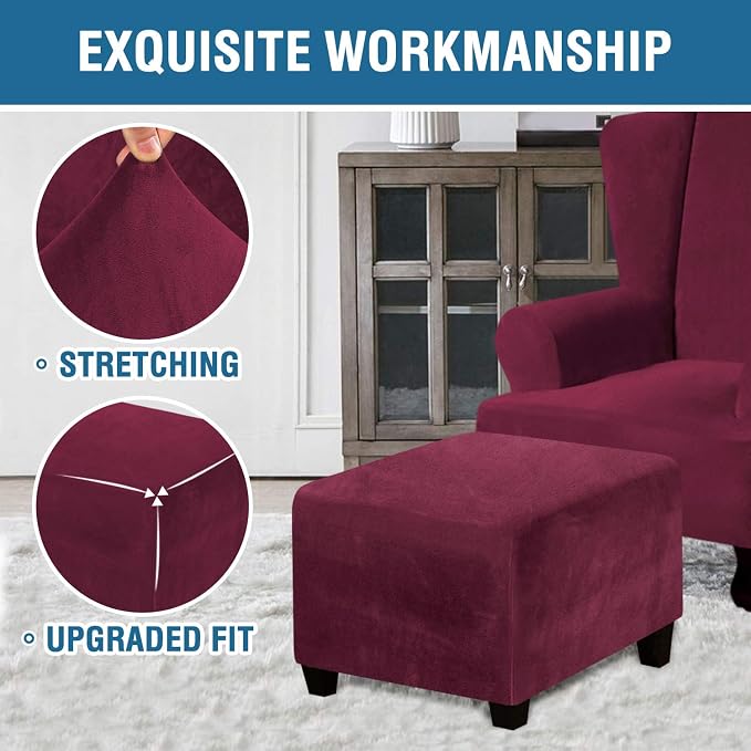 H.VERSAILTEX Square Ottoman Covers Ottoman Slipcover Square Footstool Protector Covers Storage Stool Ottoman Covers Stretch with Elastic Bottom, Feature Real Velvet Plush Fabric, Burgundy