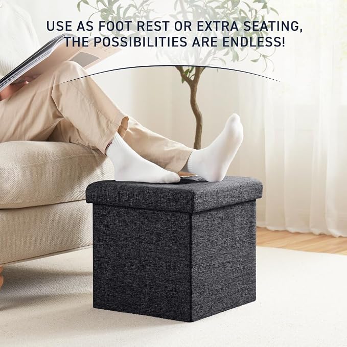 Ornavo Home 2 Pack 15 Inch Folding Storage Ottoman, Square Cube Linen Small Storage Ottoman Foot Rest Stool - Black