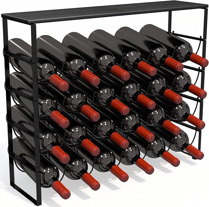 TONLEA 4 Tier Wine Rack - 3-in-1, Stackable, 24-Bottle Wine Storage Rack with Wood Top for Cabinet or Pantry (Dark Black, Version 3.0)