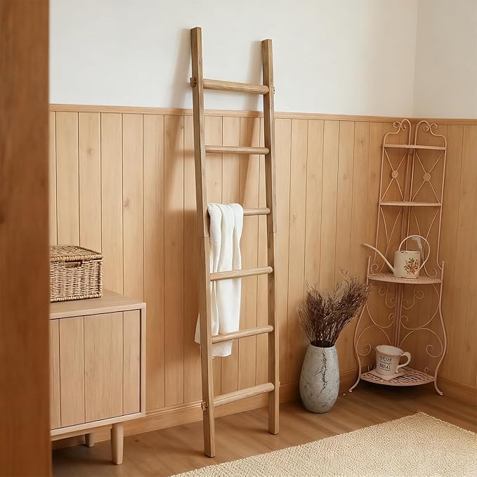 Wooden Blanket Ladder - Natural & Motley Wood - Leaning Wall Decor for Bedroom, Bathroom, Living Room - Rustic Quilt Holder & Towel Rack (Brown, 76in（6-Tier）)