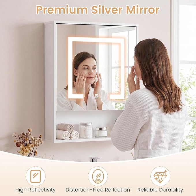 Giantex 24"x18" Medicine Cabinet with Mirror and Lights, Recessed or Wall Mounted LED Bathroom Wall Cabinet, Modern Storage Organizer with 3 Color Lights and Adjustable Shelf (White)