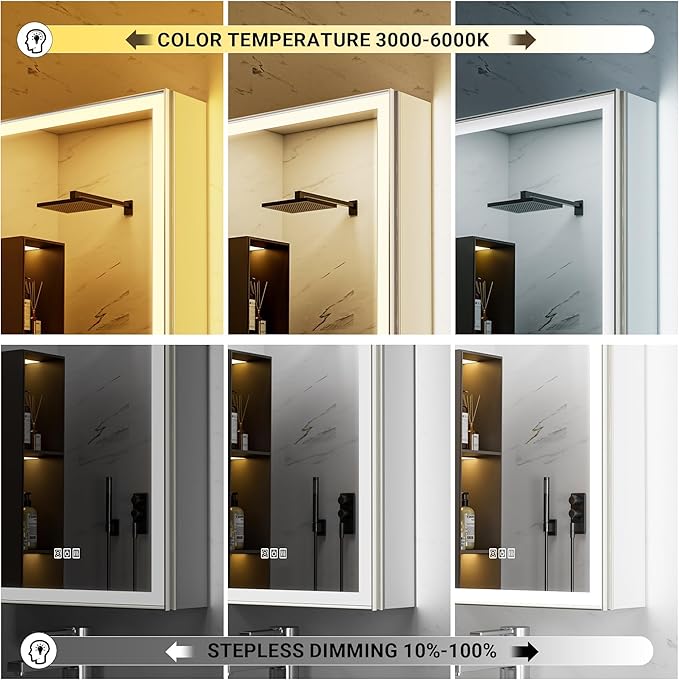 16"x60" Tall Lighted Medicine Cabinet with Mirror & Brush Nickel Bevel Frame, Surface or Recessed LED Mirror Cabinet with Outlet, 5-Tier Adjustable Shelf & Sensor Inner Light (Right Hinge)