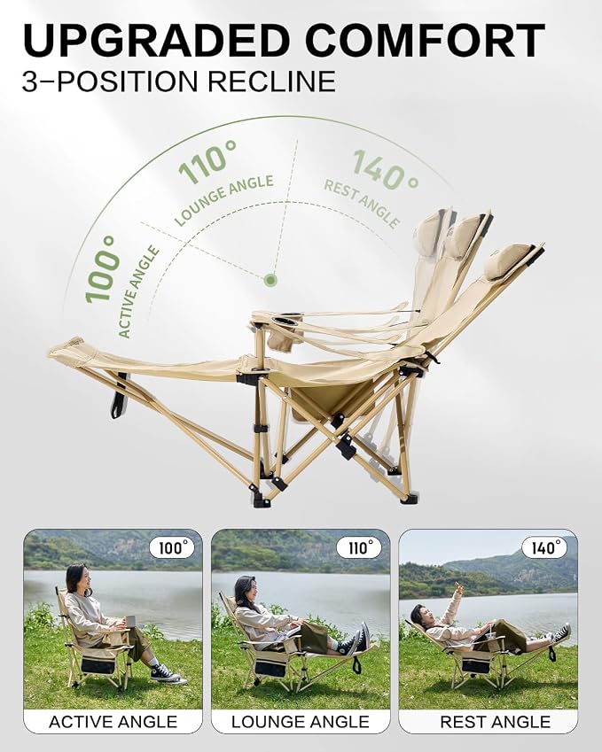 MOBI GARDEN Reclining Camping Chair with Foot Rest, 4-Position Adjustable Folding Lounge Chair for Adults, Portable & Detachable Footrest – Sand - Mesh Back