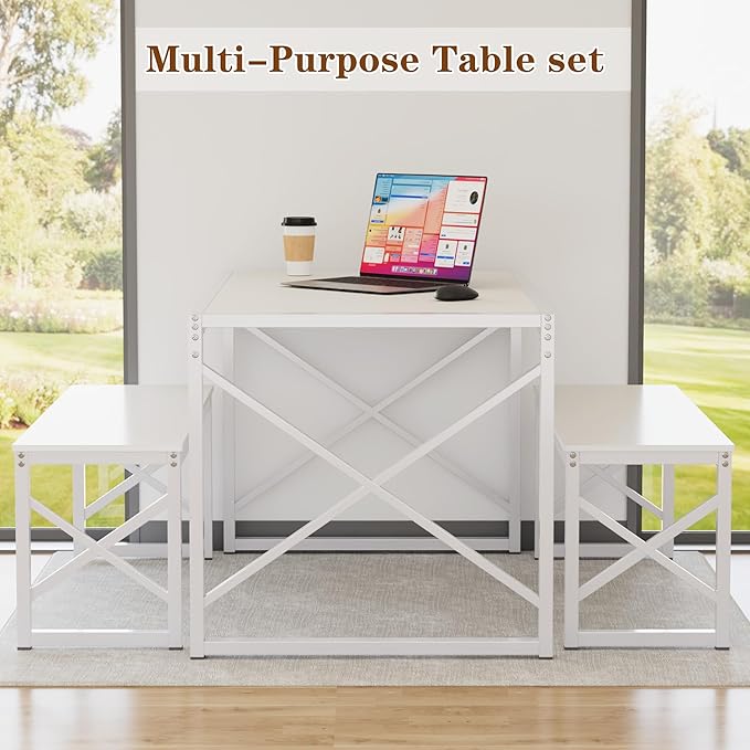 VECELO 55” Kitchen Dining Table Set for 4, Heavy-Duty Steel Frame & Wood-Grain Tabletop, Space-Saving Dinette Sets with 2 Benches for Breakfast Nook and Small Space, White