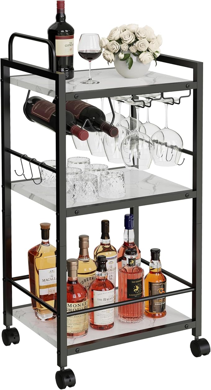 Bar Cart for The Home, 3 Tier Kitchen Carts with Wheels, Small Rolling Cart with Glass Holders, Wine Rack, Mini Bar Cart for Kitchen, Dining room, Living Room, 13.0"D x 17.0"W x 33.8"H, Marble White